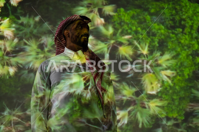 زيارة المناطق المحلية في المملكة العربية السعودية، الاهتمام بالزراعة والتشجير بالسعودية، شاب عربي خليجي سعودي مبتسم يرتدي الثوب التقليدي والشماغ يقف أمام المناظر الطبيعية الخضراء، ايماءات السعادة والبهجة، الحقول الزراعية ومزارع النخيل