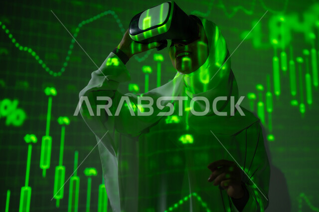 The rise and fall of stock exchange shares, the concept of financial analysis and investment opportunities, the stock market, a veiled Saudi Arabian Gulf woman wearing VR glasses standing in front of a screen full of numbers and statistics, a three-dimensional hologram background in green