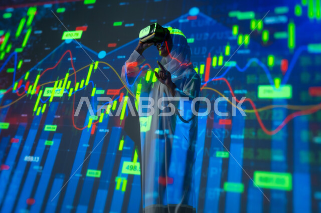 هبوط وصعود أسهم البورصة, مفهوم التحليل المالي وفرص الاستثمار, سوق الأوراق المالية, امرأة عربية خليجية سعودية محجبة تضع نظارات الفي ار تشير بإصبع السبابة للمعادلات تقف أمام شاشة مليئة بالأرقام و الإحصائيات, خلفية هولوجرامية ثلاثية الأبعاد