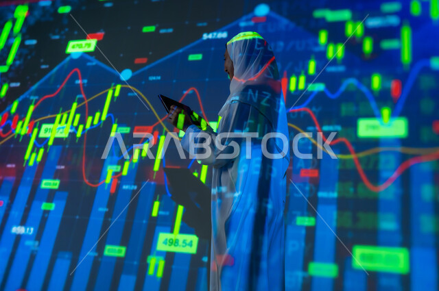 The concept of financial analysis and investment opportunities, the stock market, a veiled Saudi Arabian Gulf woman standing in front of a screen full of numbers and statistics using a tablet, the rise and fall of stock exchange shares, a 3D hologram background