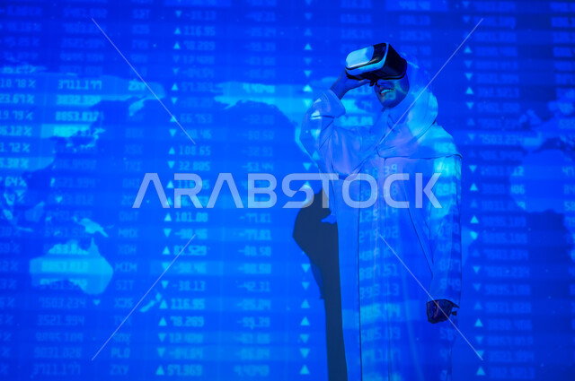 Interaction with virtual reality, scientific and technical development, use of advanced technologies, merging science with technology, a veiled Saudi Arabian Gulf woman wearing VR glasses standing in front of equations, numbers and calculations, a 3D holographic background