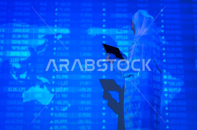 Codes and software symbols that indicate protected data, a picture from the back of a veiled Saudi Gulf Arab woman displaying a blank black screen on the tablet, scientific and technical development in the Kingdom, numbers and calculations in mathematics, integrating science with technology, background laws of mathematical algorithms