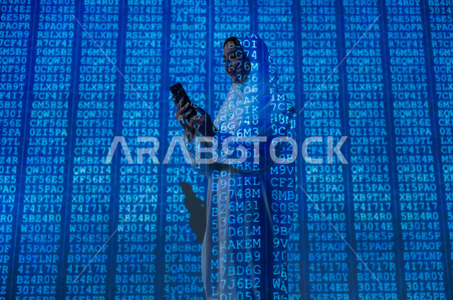 رموز و أكواد برمجية تشير لبيانات محمية، استخدام التقنيات الحديثة المتطورة، إمرأة عربية خليجية سعودية محجبة تقوم باستخدام الهاتف المحمول, التطور العلمي و التقني في المملكة، دمج العلم بالتكنولوجيا، خلفية قوانين خوارزميات رياضية