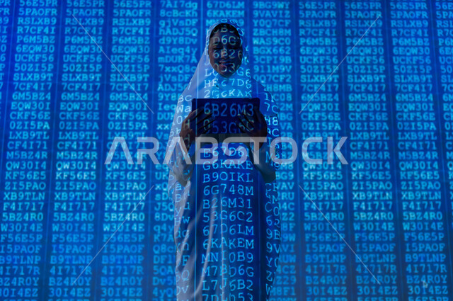 Symbols and software codes that indicate protected data, the use of advanced modern technologies, a veiled Saudi Arabian Gulf woman using a tablet device, scientific and technical development in the Kingdom, integrating science with technology, background laws and mathematical algorithms