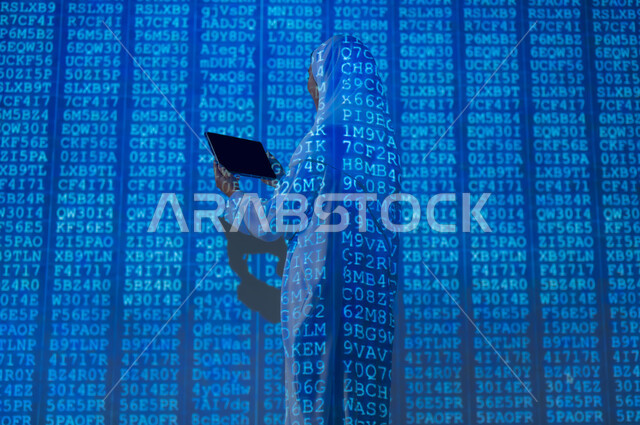 Symbols and software codes that indicate protected data, the use of advanced modern technologies, a picture from the back of a veiled Saudi Gulf Arab woman displaying a blank black screen on the tablet, scientific and technical development in the Kingdom, integrating science with technology, background laws and mathematical algorithms