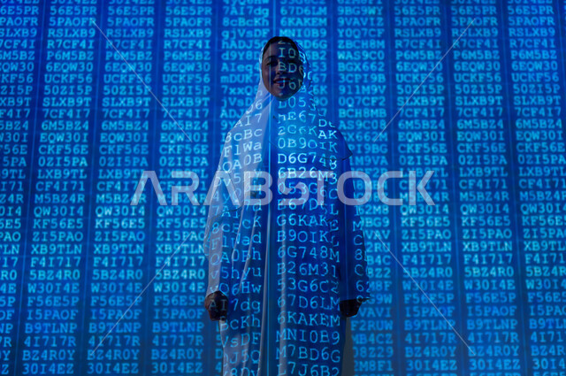 التطور العلمي و التقني في المملكة، تعابير الثقة بالنفس، أرقام وحسابات ومعادلات حسابية في مادة الرياضيات، امرأة عربية خليجية سعودية مبتسمة محجبة ترتدي العباءة تنظر الى الكاميرا بإيماءات السعادة والسرور, خلفية قواعد الرياضيات والاحصاء