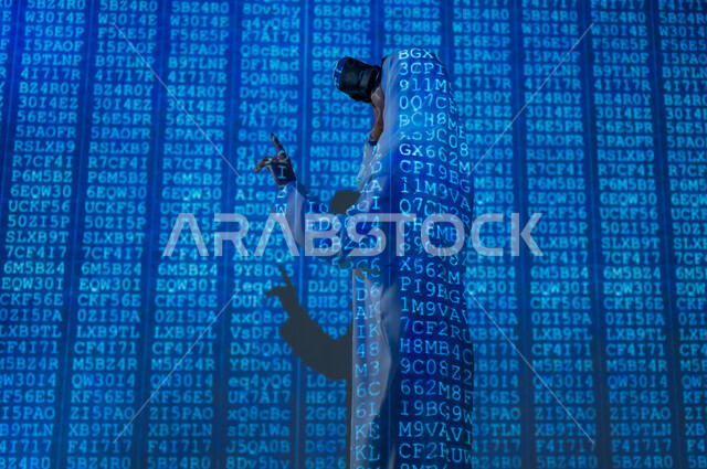 Virtual reality simulation, merging science with technology, numbers, calculations and algorithms, a picture from the back of a veiled Saudi Arabian Gulf woman wearing VR glasses pointing with her index finger at equations, the concept of business technology related to cybersecurity and information protection