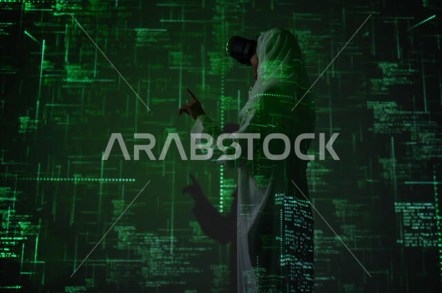 Virtual reality simulation, merging science with technology, numbers, calculations and algorithms, a picture from the back of a veiled Saudi Arabian Gulf woman wearing VR glasses pointing with her index finger at equations, a background of mathematical algorithms laws in green