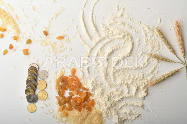 مجموعة من الأرز والزبيب والقمح والطحين والعملات المعدنية على خلفية بيضاء