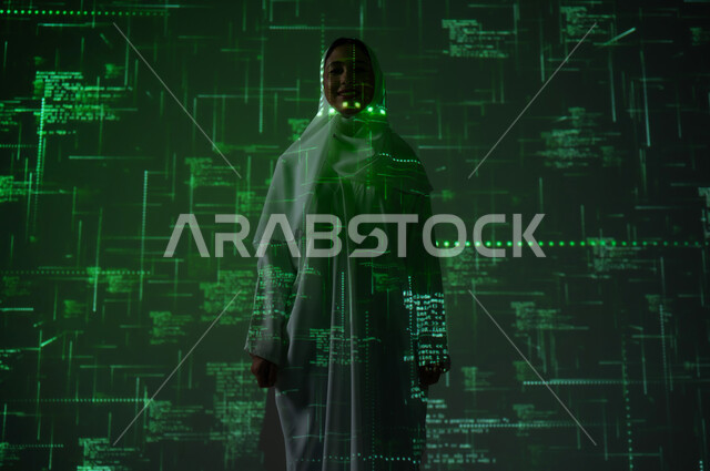 Symbols, numbers, and programming languages, the use of advanced modern technologies, a smiling, veiled Saudi Gulf Arab woman standing straight looking at something, technical and technological progress, a background of mathematical laws and algorithms in green