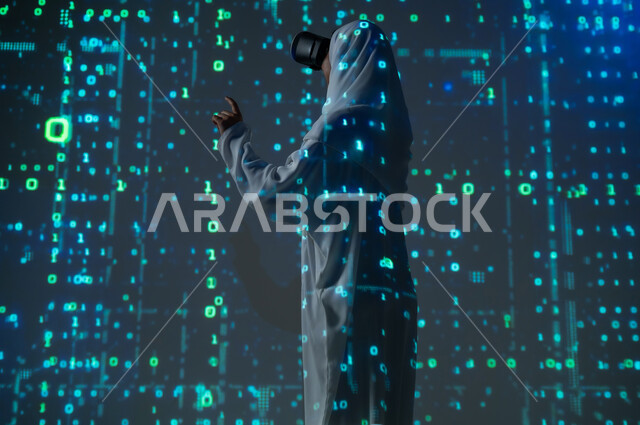 Scientific and technical development, use of advanced technologies, merging science with technology, symbols, numbers, and programming languages, a picture from behind of a veiled Saudi Arabian Gulf woman wearing virtual reality glasses, pointing with her index finger at equations, background laws, mathematical algorithms