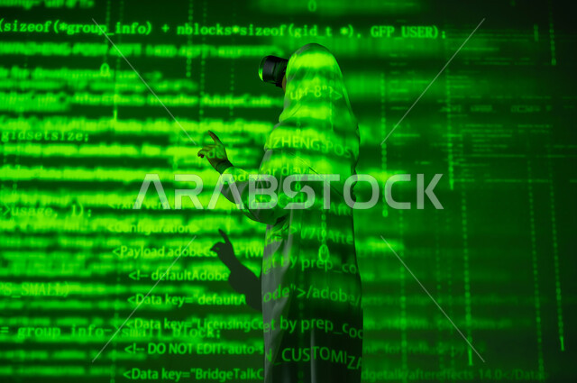 Technical development in Saudi Arabia, gestures of integration and interaction, a picture from behind of a veiled Saudi Arabian Gulf woman wearing VR glasses pointing with her index finger at equations, virtual world simulation, 3D holographic background