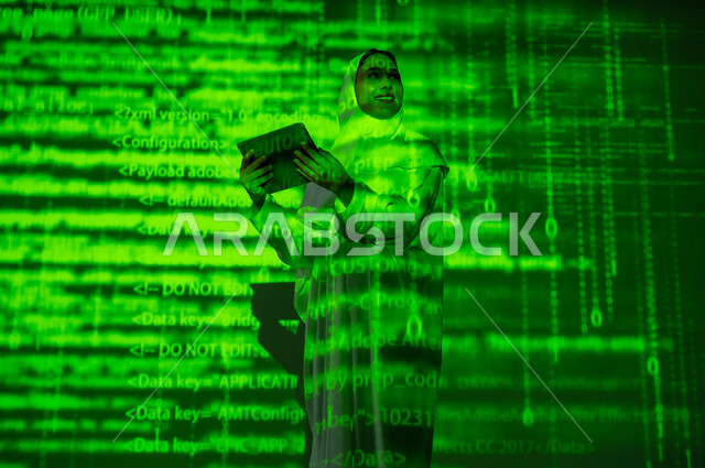 The concept of scientific and technical development, integrating science with technology, using advanced modern technologies, a veiled Saudi Arabian Gulf woman using a portable tablet, a 3D hologram background in green