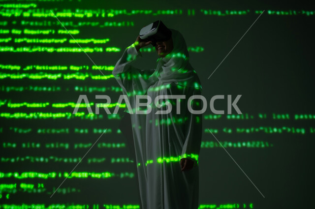 Scientific and technical development, use of advanced technologies, merging science with technology, a veiled Saudi Arabian Gulf woman wearing virtual reality glasses standing in front of equations, numbers and calculations, background laws and mathematical algorithms