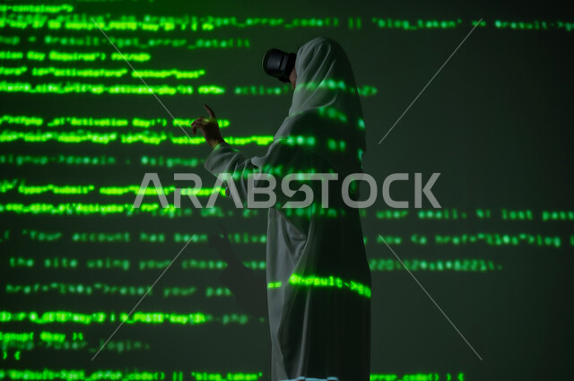 Technical development in Saudi Arabia, gestures of integration and interaction, a picture from behind of a veiled Saudi Arabian Gulf woman wearing VR glasses pointing with her index finger at equations, virtual world simulation, 3D holographic background
