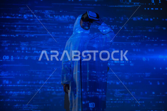 Scientific and technical development, use of advanced technologies, merging science with technology, a veiled Saudi Arabian Gulf woman wearing virtual reality glasses standing in front of equations, numbers and calculations, background laws and mathematical algorithms