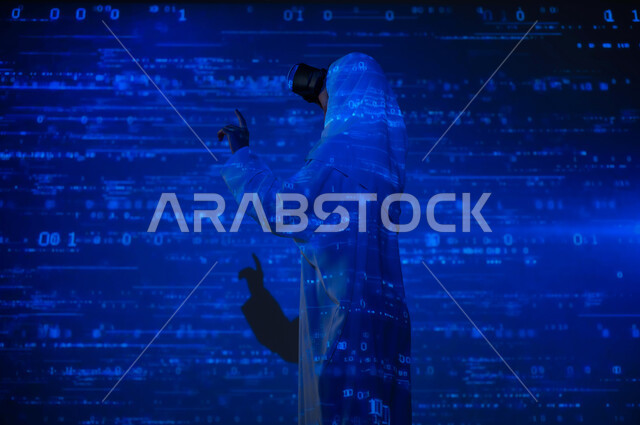 Scientific and technical development, use of advanced technologies, merging science with technology, numbers, calculations and algorithms, a picture from behind of a veiled Saudi Arabian Gulf woman wearing virtual reality glasses pointing with her index finger at equations, background laws and mathematical algorithms