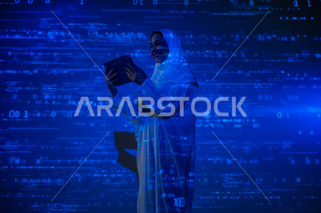 Scientific and technical progress in the Kingdom, the use of advanced modern technologies, a smiling veiled Saudi Gulf Arab woman using a tablet device, numbers and calculations in mathematics, integrating science with technology, background laws and mathematical algorithms