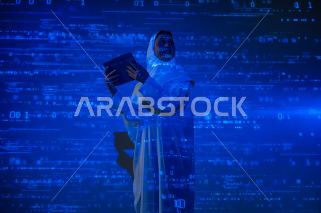 Scientific and technical progress in the Kingdom, the use of advanced modern technologies, a smiling veiled Saudi Gulf Arab woman using a tablet device, numbers and calculations in mathematics, integrating science with technology, background laws and mathematical algorithms