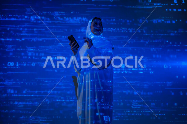 حسابات وأرقام في مادة الرياضيات، دمج العلم بالتكنولوجيا، استخدام التقنيات الحديثة المتطورة، إمرأة عربية خليجية سعودية محجبة ترتدي العباءة تمسك الهاتف المحمول, التطور العلمي و التقني في المملكة، خلفية قوانين خوارزميات رياضية