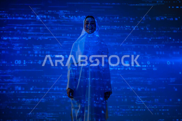 تعابير الثقة بالنفس، التطور العلمي و التقني في المملكة، أرقام وحسابات ومعادلات حسابية في مادة الرياضيات، امرأة عربية خليجية سعودية مبتسمة محجبة ترتدي العباءة تنظر الى الكاميرا بإيماءات السعادة والسرور, خلفية قواعد الرياضيات والاحصاء