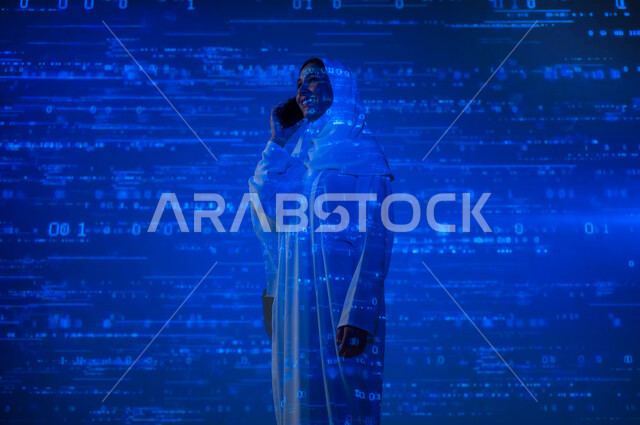 Scientific and technical development in the Kingdom, numbers, calculations, and mathematical equations in mathematics, a smiling, veiled Saudi Arabian Gulf woman wearing an abaya making a phone call via a mobile phone, background of mathematics and statistics rules