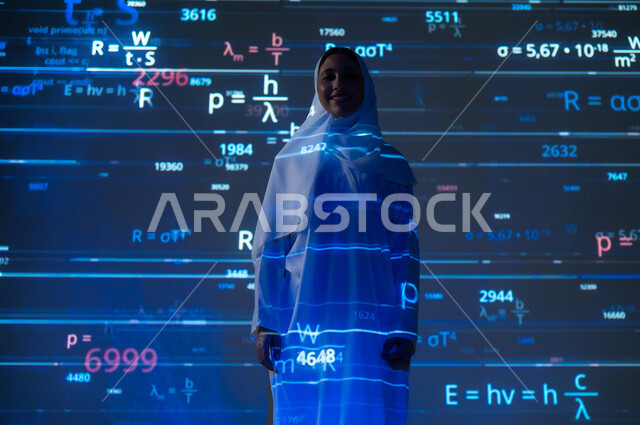 Scientific and technical development in the Kingdom, expressions of self-confidence, numbers, calculations, and mathematical equations in mathematics, a smiling, veiled Saudi Arabian Gulf woman wearing an abaya, looking at the camera with gestures of happiness and pleasure, background of the rules of mathematics and statistics