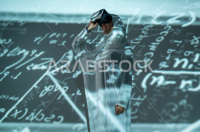 Scientific and technical development, use of advanced technologies, merging science with technology, numbers, calculations and algorithms, a veiled Saudi Gulf Arab woman wearing virtual reality glasses pointing with her index finger at equations, a black background for colorful mathematical laws and equations