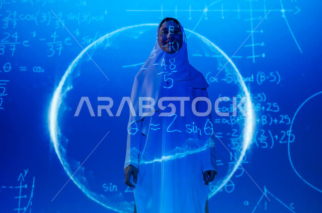 Scientific and technical development in the Kingdom, expressions of self-confidence, numbers, calculations, and mathematical equations in mathematics, a smiling, veiled Saudi Arabian Gulf woman wearing an abaya, looking at the camera with gestures of happiness and pleasure, background laws, mathematical algorithms