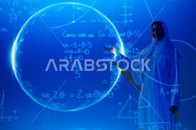 The concept of mathematical sciences, mathematical algorithms and laws, numbers, calculations and equations, a smiling Saudi Arabian Gulf woman, veiled and wearing an abaya, looking at the camera with gestures of happiness and pleasure, a 3D holographic background