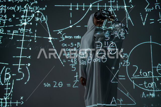 Numbers, calculations, and mathematical equations in mathematics, the use of advanced modern technologies, the integration of science and technology, a smiling Saudi Arabian Gulf woman, veiled, wearing an abaya, wearing virtual reality glasses, scientific and technical development in the Kingdom, background laws, mathematical algorithms