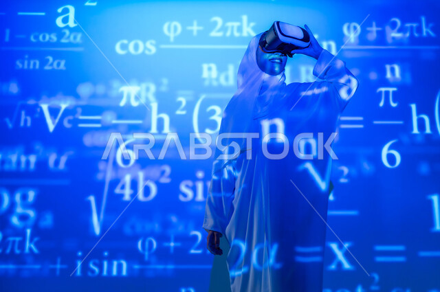 أرقام وحسابات ومعادلا حسابية في مادة الرياضيات، استخدام التقنيات الحديثة المتطورة، دمج العلم بالتكنولوجيا، امرأة عربية خليجية سعودية مبتسمة محجبة ترتدي العباءة تضع نظارات الواقع الافتراضي, التطور العلمي و التقني في المملكة، خلفية قوانين خوارزميات رياضية