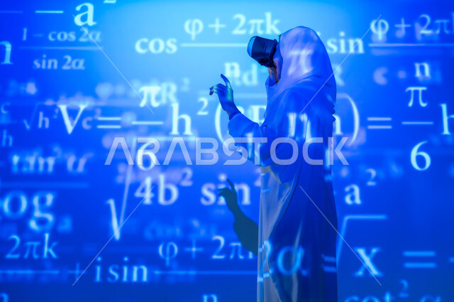 Using advanced technologies, integrating science with technology, numbers and calculations in mathematics, a smiling Saudi Arabian Gulf woman, veiled, wearing an abaya, wearing virtual reality glasses, pointing with her index finger at equations, scientific and technical development in the Kingdom, background laws, mathematical algorithms