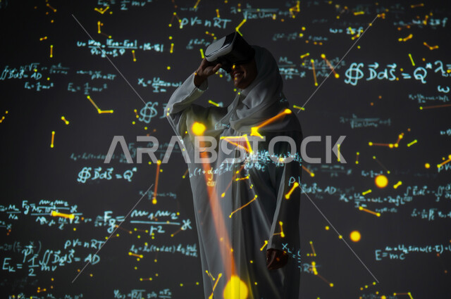 استخدام التقنيات الحديثة المتطورة،أرقام وحسابات في مادة الرياضيات، دمج العلم بالتكنولوجيا، امرأة عربية خليجية سعودية مبتسمة محجبة ترتدي العباءة تضع نظارات الواقع الافتراضي, التطور العلمي و التقني في المملكة، خلفية قوانين خوارزميات رياضية