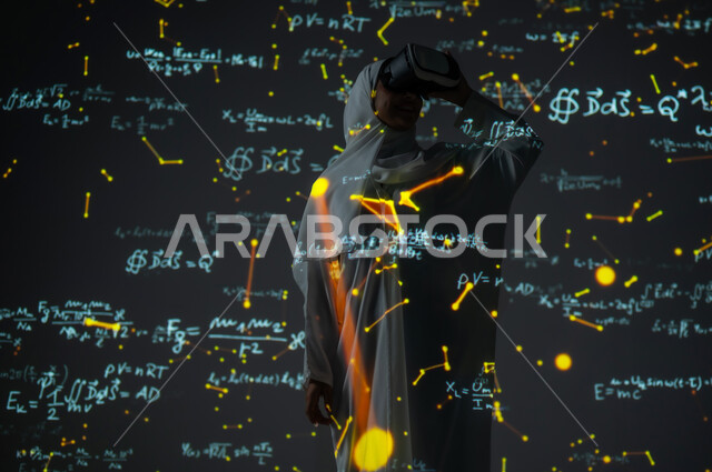 Numbers and calculations in mathematics, the use of advanced technologies, the integration of science and technology, a smiling Saudi Arabian Gulf woman, veiled, wearing an abaya, wearing virtual reality glasses, scientific and technical development in the Kingdom, background laws, mathematical algorithms