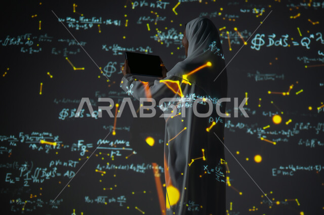 استخدام التقنيات الحديثة المتطورة، صورة من الخلف لإمرأة عربية خليجية سعودية مبتسمة محجبة ترتدي العباءة تعرض شاشة سوداء فارغة عبر التابلت, التطور العلمي و التقني في المملكة، أرقام وحسابات في مادة الرياضيات، دمج العلم بالتكنولوجيا، خلفية قوانين خوارزميات رياضية