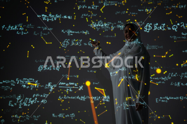 Integrating science with technology, scientific and technical development in the Kingdom, numbers and calculations in mathematics, a smiling Saudi Arabian Gulf woman, veiled and wearing an abaya, looking at the camera with gestures of happiness and pleasure and pointing with her hand to mathematical equations, background laws of mathematical algorithms.