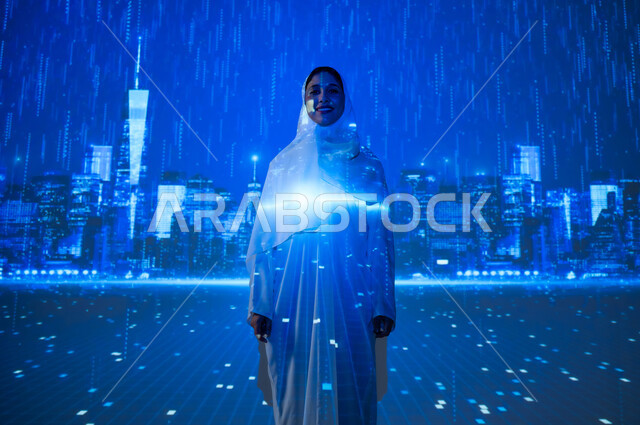 الفن الهندسي المعماري للمباني وناطحات السحاب المشهورة، الأجواء الشتوية الماطرة فوق المدينة، امرأة عربية خليجية سعودية مبتسمة محجبة ترتدي العباءة تنظر الى الكاميرا بإيماءات السعادة والسرور، المنشآت والأبراج  في الرياض في فصل الشتاء