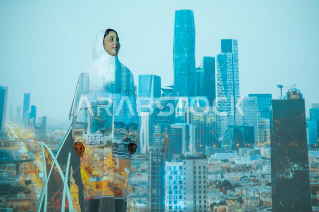 Famous places and landmarks in the Kingdom, developing and modernizing architectural designs, a smiling Saudi Gulf Arab woman, veiled and wearing an abaya, looking at something, tall buildings and skyscrapers in the King Abdullah Financial Center (CAFD) in Riyadh