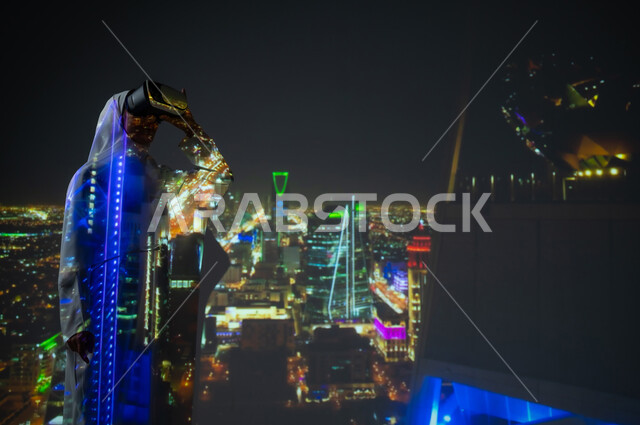 The use of modern technologies, a veiled Saudi Arabian Gulf woman wearing an abaya and wearing virtual reality glasses, advanced arts and architectural designs, towers and skyscrapers in the Kingdom, famous tourist places and landmarks, urban growth and development in the city of Riyadh.