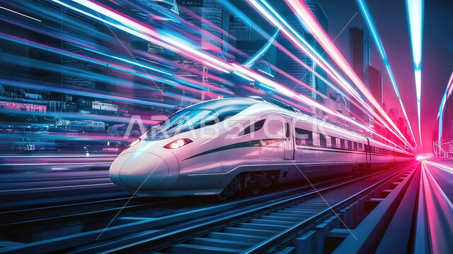 قطار حديث متحرك فائق السرعة يمر عبر محطة حضرية مستقبلية، شبكة السكك الحديدية للنقل السريع في المملكة العربية السعودية، محطات المترو ووسائل المواصلات والتنقل الحديثة، خلفية الأضواء الملونة