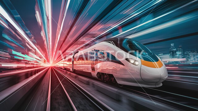 قطار حديث متحرك فائق السرعة يمر عبر محطة حضرية مستقبلية، شبكة السكك الحديدية للنقل السريع في المملكة العربية السعودية، محطات المترو ووسائل المواصلات والتنقل الحديثة، خلفية الأضواء الملونة