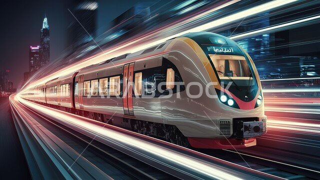قطار حديث متحرك فائق السرعة يمر عبر محطة حضرية مستقبلية، شبكة السكك الحديدية للنقل السريع في المملكة العربية السعودية، محطات المترو ووسائل المواصلات والتنقل الحديثة، خلفية الأضواء الملونة