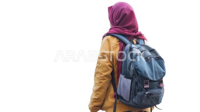 قضاء عطلة ممتعة، صورة مقربة من الخلف لفتاة عربية خليجية سعودية محجبة تحمل حقيبة الظهر، السفر والرحلات الترفيهية، رحلة استكشافية متميزة، خلفية بيضاء