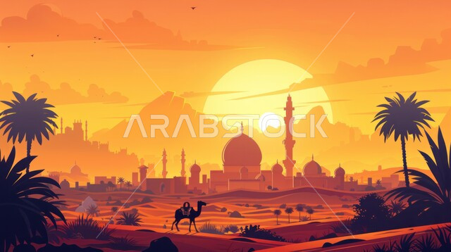 منظر غروب الشمس على المناطق الصحراوية، صورة ظلية لجمل مع اشجار النخيل ومسجد على الرمال الذهبية الناعمة، المناخ الصحراوي الجاف والقاسي، النباتات البرية والشوكيات، المناظر الطبيعية في صحراء المملكة العربية السعودية، سيلويت