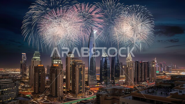 التطور و النمو الاقتصادي, عرض الألعاب النارية فوق ابراج مدينة الرياض ليلا، الفن الهندسي المعماري على الطراز الحديث لناطحات السحاب، أماكن ومعالم سياحية مشهورة في المملكة العربية السعودية