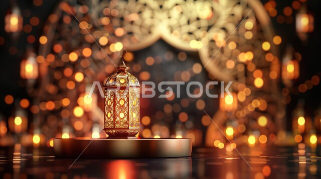 البهجة بقدوم شهر الخير، فانوس عربي تقليدي معدني مضيء على منصة باللون الذهبي، إضاءة وزينة شهر رمضان، تحف واكسسوارات رمضانية، الإحتفال بالمناسبات والأعياد الدينية الإسلامية، ديكورات وأجواء الروحانية