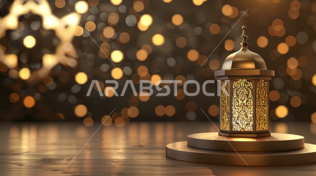 البهجة بقدوم شهر الخير، فانوس عربي تقليدي معدني مضيء على منصة باللون الذهبي، إضاءة وزينة شهر رمضان، تحف واكسسوارات رمضانية، الإحتفال بالمناسبات والأعياد الدينية الإسلامية، ديكورات وأجواء الروحانية