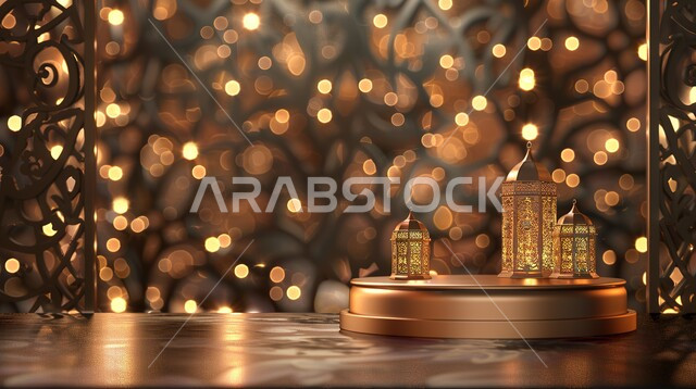 البهجة بقدوم شهر الخير، فانوس عربي تقليدي معدني مضيء على منصة باللون الذهبي، إضاءة وزينة شهر رمضان، تحف واكسسوارات رمضانية، الإحتفال بالمناسبات والأعياد الدينية الإسلامية، ديكورات وأجواء الروحانية