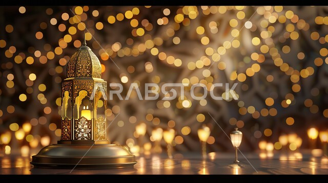 البهجة بقدوم شهر الخير، فانوس عربي تقليدي معدني مضيء على منصة باللون الذهبي، إضاءة وزينة شهر رمضان، تحف واكسسوارات رمضانية، الإحتفال بالمناسبات والأعياد الدينية الإسلامية، ديكورات وأجواء الروحانية